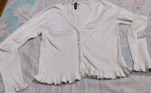 White Ribbed Cardigan with Ruffles