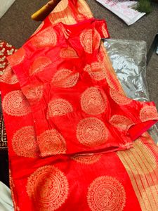 Red Embroidered saree and Blouse with Handbag