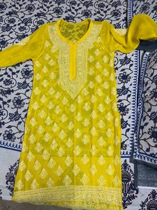 Women chiffon Chikankari Yellow Kurta
