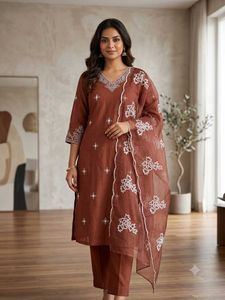 Elegant Brown Kurta Set with White Embroidery
