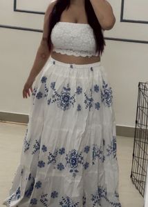 White & Blue Floral Skirt with top set