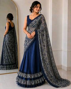 Designer Floral Print Saree with Ruffled Border