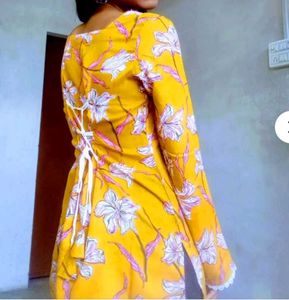 Yellow Floral Print Kurta with Bell Sleeves
