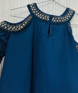 Beaded Cold Shoulder Blue Top