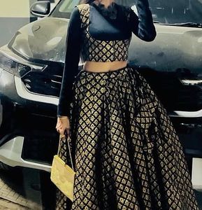 Elegant Black &amp; Gold Brocade Lehenga Set