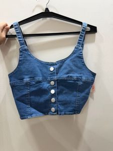 Blue solid cotton fitted crop top