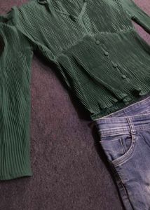 Green Pleated Button-Up Top &amp; Denim Jeans