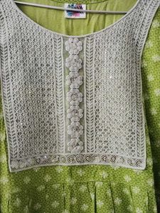 108. Lime Green Kurta with White Embellishments
