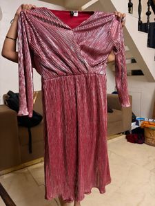 Metallic Pleated V-Neck Dress