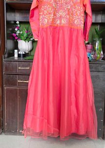 Elegant coral Embroidered maxi dress with floor le