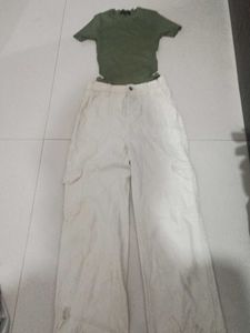Olive Green Top & White Cargo Pants Set