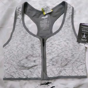 Grey Zip Front Sports Bra