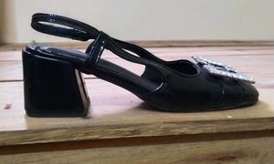 Black Patent Slingbacks with Rhinestone Buckle