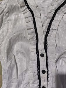 Vintage Striped Ruffle Front Puff Sleeve Blouse