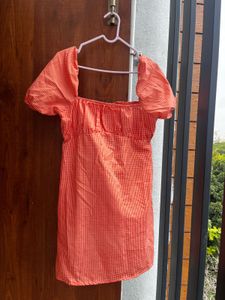 Orange Gingham Puff Sleeve Dress