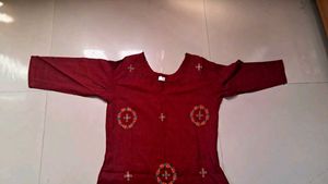Designer Neck Red Embroidered Kurti