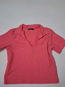 Coral Ribbed Polo Neck Top
