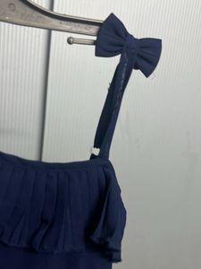 Navy Blue Pleated Dress with Colorful Trim