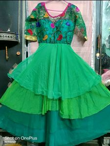 Grey Mesh Dress With Green Gown Combo