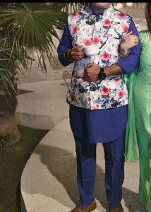 Men's Floral jacket with plain blue kurta pjama