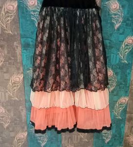 Girls Black &amp; Peach Layered Lace Party Gown