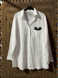 Chic White Mickey Mouse Pocket Shirt