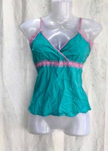 Turquoise Cami Top with Pink Lace Trim