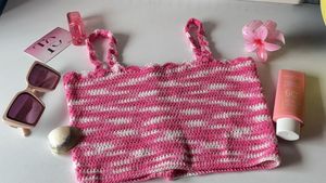 Crocheted Pink &amp; White Striped Tank Top