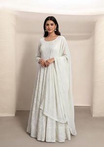 White Party Wear Anarkali Gown & Dupatta