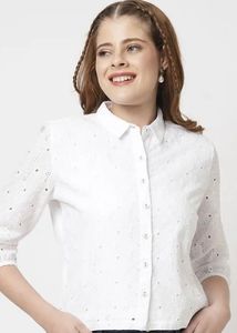 White Floral Embroidered Shirt