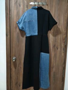 Colorblock Denim &amp; Black Button-Up Dress