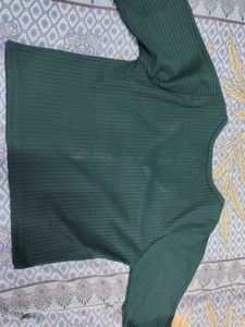 Green Ribbed Button-Up Long Sleeve Top