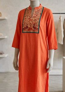 Vibrant Orange Kurta with Peacock Embroidery