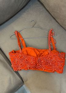 Elegant Orange short blouse and skirt with shrug