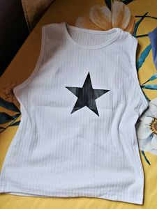 White Ribbed Tank Top with Black Star