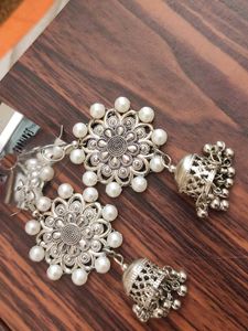 Oxidized Silver Pearl Jhumka Earrings
