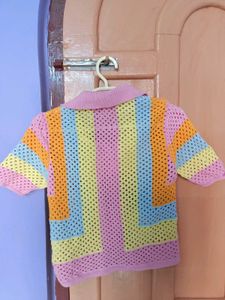Colorful Crochet Knit Polo Shirt