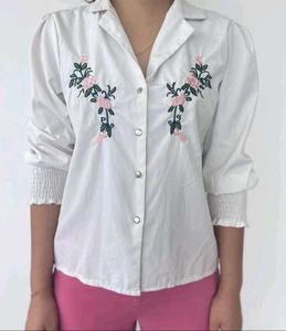 Embroidered White Collared Top