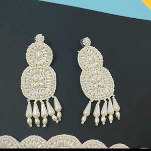 Elegant White Beaded Choker &amp; Earring Set