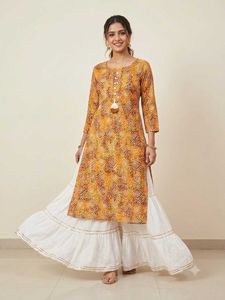 Orange Printed Kurta with White Palazzo Pants