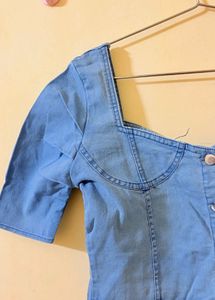 Light Blue Denim Puff Sleeve Bustier Top