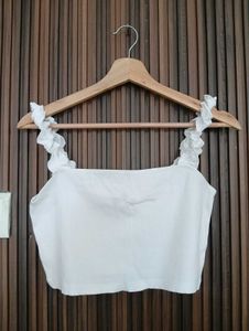 White Ruffle Strap Crop Top