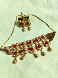 Elegant Pearl &amp; Red Stone Necklace Set