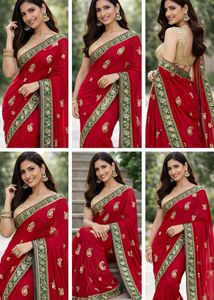 Elegant Red Saree with Paisley Embroidery