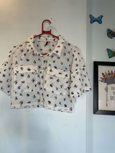 White Cropped Floral Shirt