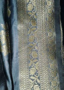 Elegant Grey Saree with Golden Floral Print