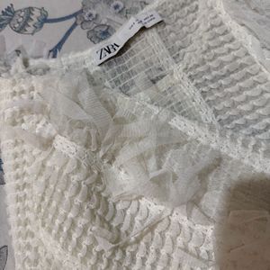 Zara White Textured Tunic with Fringe Detail