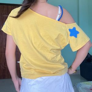 Yellow Star Print Cold Shoulder Top