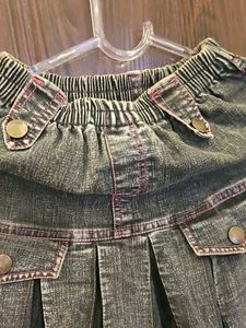 Denim Pleated Skirt with Floral Embroidery