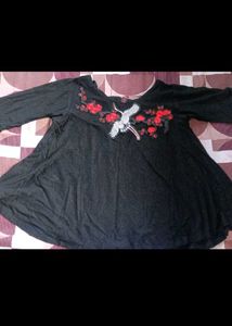 Chic Black Top with Crane Embroidery